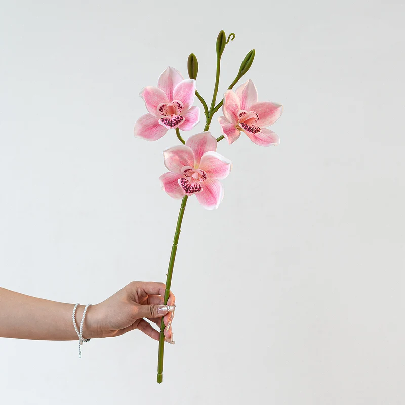 Künstliche Cymbidium Orchidee 55 cm, 3 Blüten, Lebensechter Orchideenzweig für Vase, Hochzeitsdeko, Gestecke, Langlebige Kunstblume