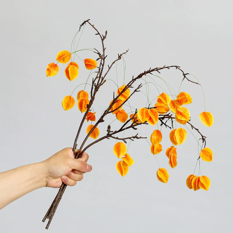 Fauxfrucht Zweig mit Laternenbeeren, 58 cm, realistisch, in Gelb, Grün, Rot, ideal für Hochzeiten, Dekoration, Innenräume