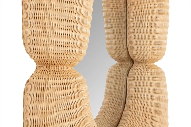 Casa Padrino Luxus Wandspiegel Naturfarben 75 x 17 x H. 120 cm - Wandspiegel mit tiefem Rahmen aus geflochtenem Rattan - Luxus Deko Accessoires