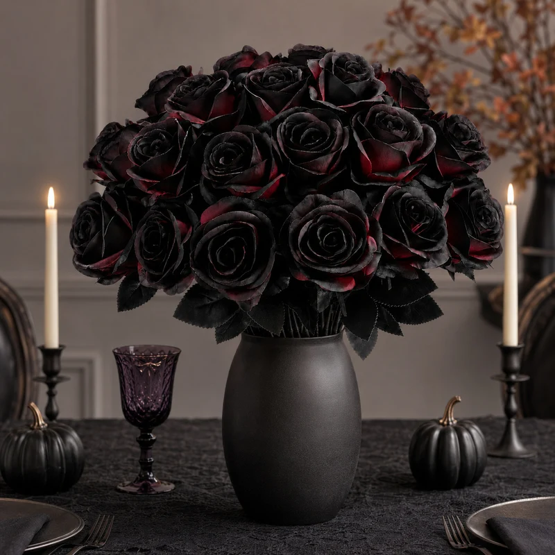 5er Set Künstliche Rosen Schwarz & Rot | 60 cm Langstielig | Gothic Kunstblumen für Halloween, Hochzeit & Vase