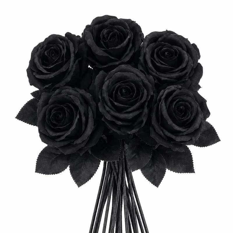 5er Set Künstliche Rosen Schwarz & Rot | 60 cm Langstielig | Gothic Kunstblumen für Halloween, Hochzeit & Vase