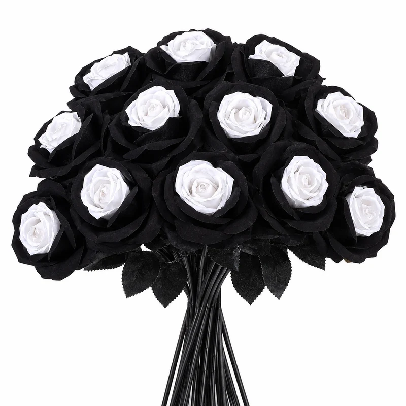 5er Set Künstliche Rosen Schwarz & Rot | 60 cm Langstielig | Gothic Kunstblumen für Halloween, Hochzeit & Vase