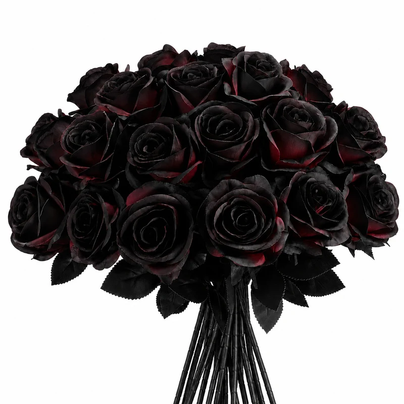 5er Set Künstliche Rosen Schwarz & Rot | 60 cm Langstielig | Gothic Kunstblumen für Halloween, Hochzeit & Vase