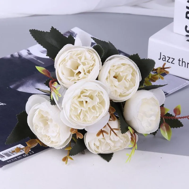 Kohlrosenbusch 25cm, 6 realistische Seidenrosen, Kunstblumen-Strauß für Deko, Hochzeit & Vase, Mengenrabatt für Gewerbe