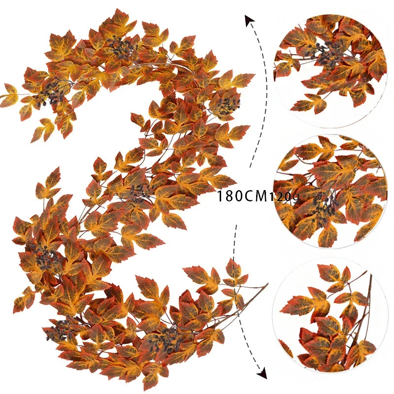 Künstliche Ahorngirlande 180 cm, Täuschend Echte Herbstblätter-Ranke, Langlebige Herbstdeko für Zuhause, Hochzeit & Gastronomie