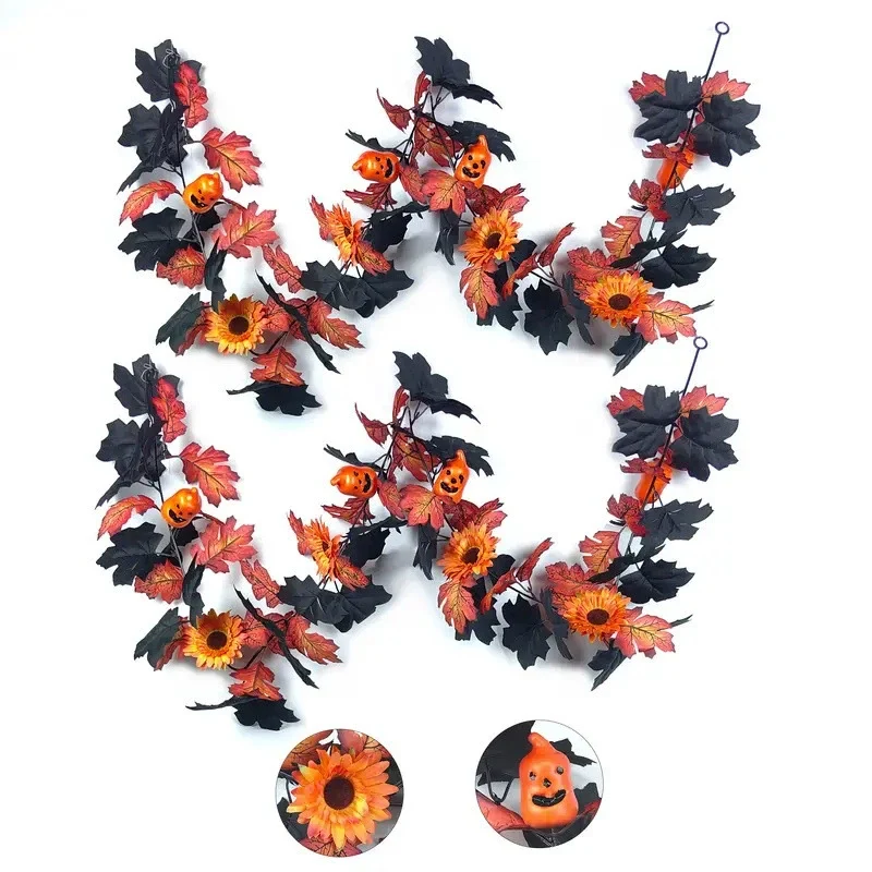 Künstliche Halloween Ranken mit gruseligem Kürbis und Ahornblättern, 200 cm, perfekt für Hochzeiten, Dekorationen und saisonale Anlässe