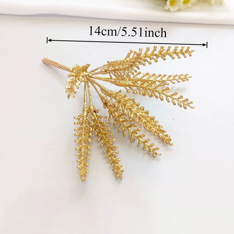 Künstlicher Kiefernzweig Gold 20cm, Deko-Pick mit Perlen, Täuschend Echter Tannenzweig für DIY Gestecke, Weihnachtsdeko & Anstecker