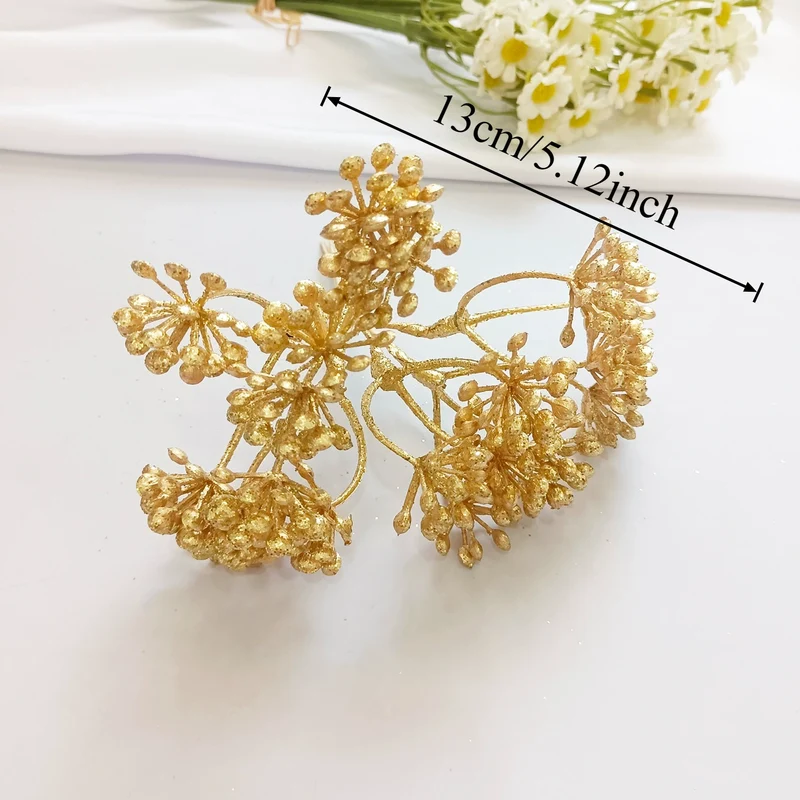 Künstlicher Kiefernzweig Gold 20cm, Deko-Pick mit Perlen, Täuschend Echter Tannenzweig für DIY Gestecke, Weihnachtsdeko & Anstecker