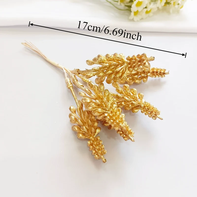 Künstlicher Kiefernzweig Gold 20cm, Deko-Pick mit Perlen, Täuschend Echter Tannenzweig für DIY Gestecke, Weihnachtsdeko & Anstecker