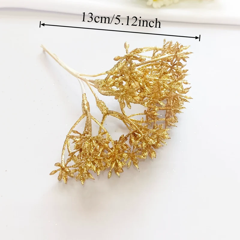 Künstlicher Kiefernzweig Gold 20cm, Deko-Pick mit Perlen, Täuschend Echter Tannenzweig für DIY Gestecke, Weihnachtsdeko & Anstecker