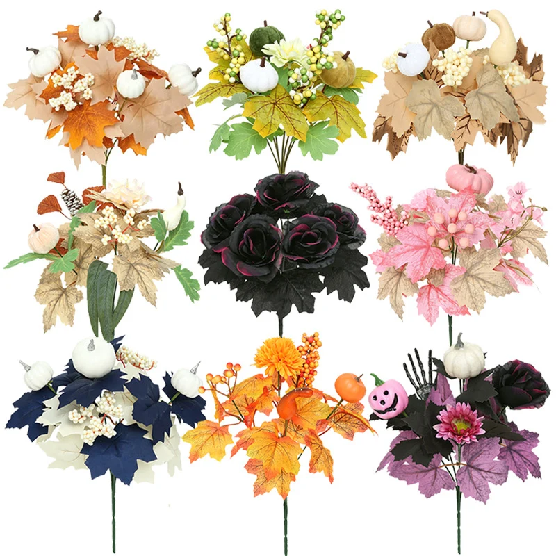 Kürbis Gesteck künstlich 2er-Set, 34 cm, Schwarz | Herbstdeko für Halloween & Erntedank | Realistische Kunstblumen für Tisch & Grabschmuck