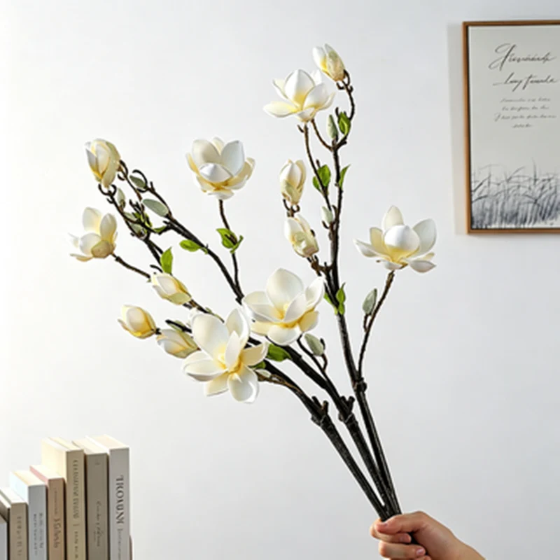 Magnolienzweig künstlich 82 cm, täuschend echte Kunstblume mit Real-Touch-Haptik, langstieliger Dekozweig für hohe Vasen, Hochzeit, Gastronomie