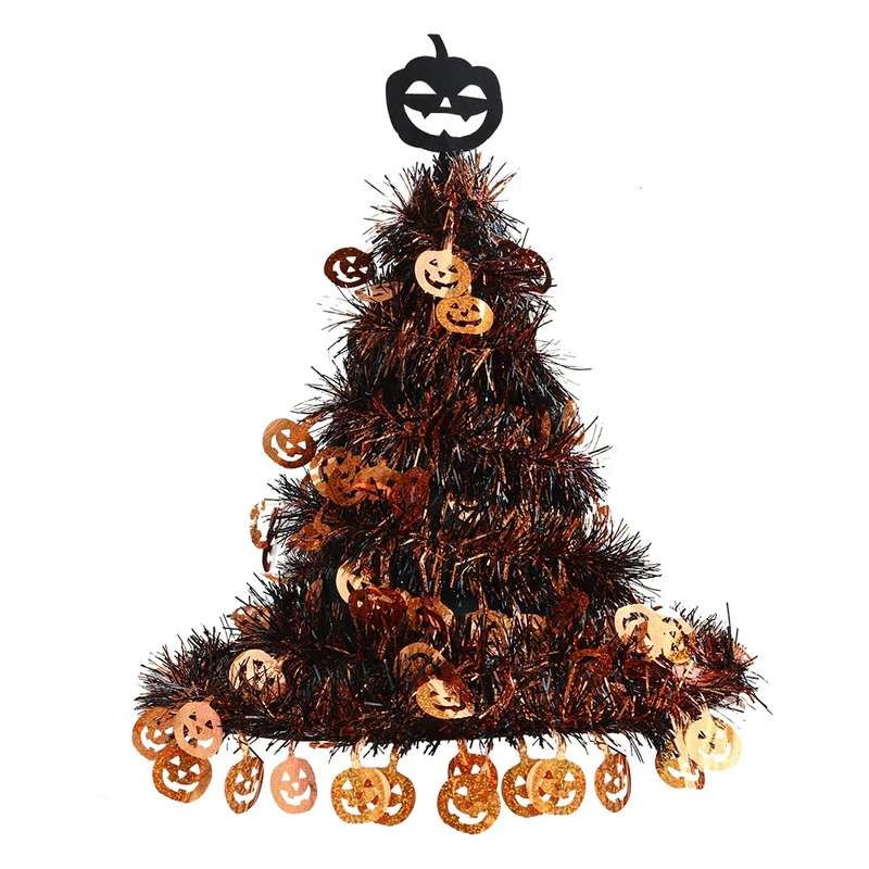Hexenhut Halloween Dekoration, 40 cm Spitzhut mit Glitzer-Lametta, Deko in Silber oder Orange, für Party, Garten, Haustür, Schaufenster