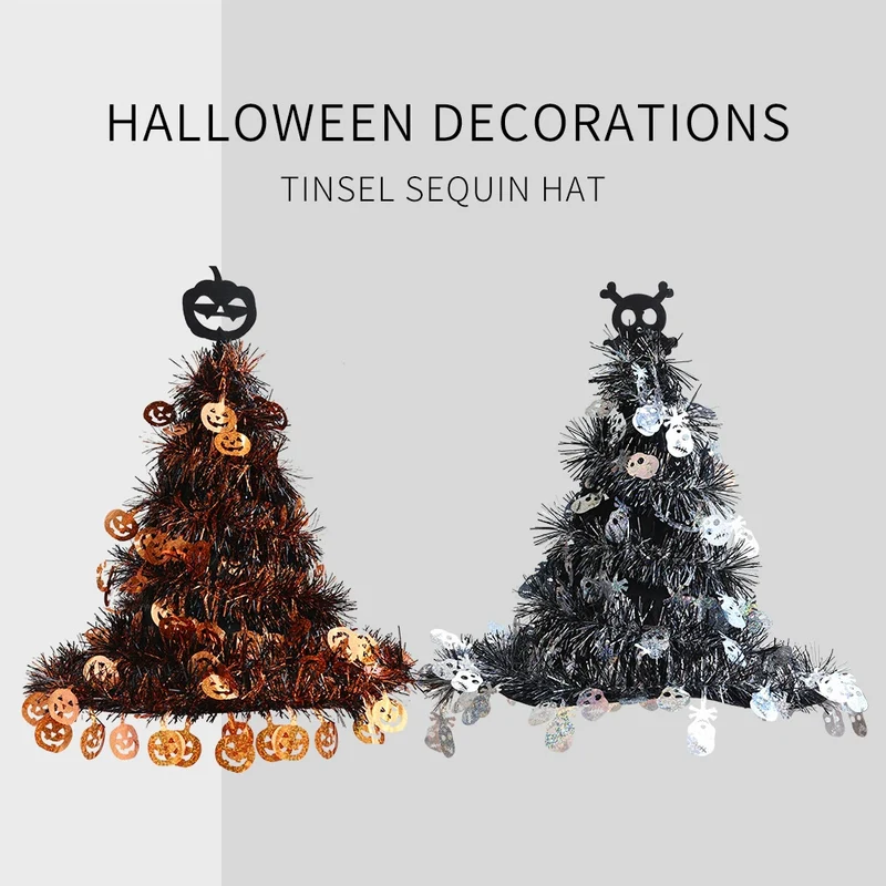 Hexenhut Halloween Dekoration, 40 cm Spitzhut mit Glitzer-Lametta, Deko in Silber oder Orange, für Party, Garten, Haustür, Schaufenster