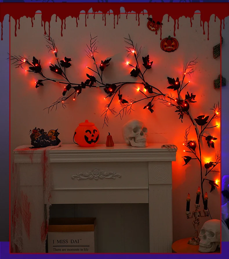 LED Halloween Dekolicht 200cm, realistische Kletterpflanze mit Spinnen und Fledermäusen, USB mit Fernbedienung, perfekt für Hochzeiten, Cafés, Dekorationen