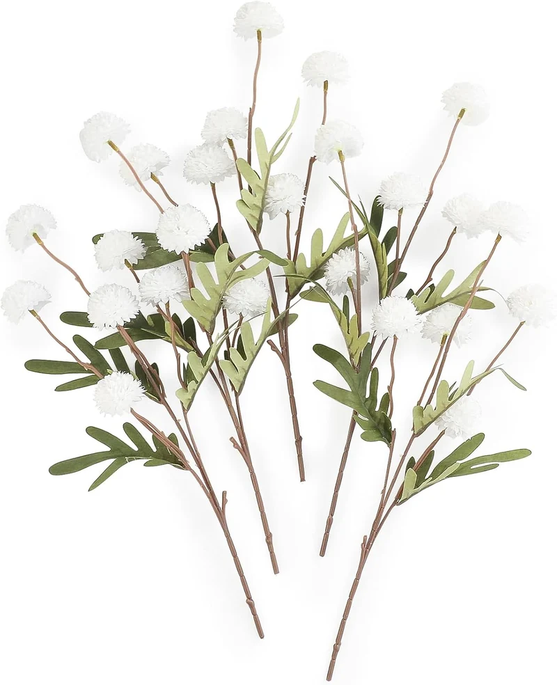 Künstliche Chrysanthemen 5er-Set, 45cm lange Stiele, Naturgetreue Seidenblumen in Beige, Ø 3,3cm Pompon-Blüten, für Vasen, Hochzeitsdeko & Floristikbedarf