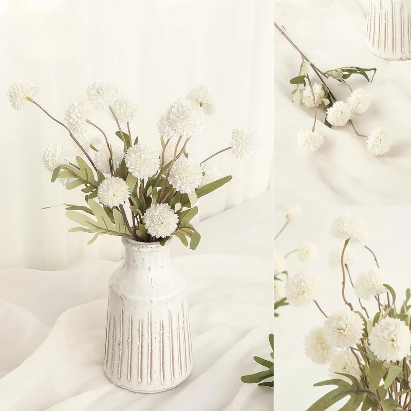 Künstliche Chrysanthemen 5er-Set, 45cm lange Stiele, Naturgetreue Seidenblumen in Beige, Ø 3,3cm Pompon-Blüten, für Vasen, Hochzeitsdeko & Floristikbedarf