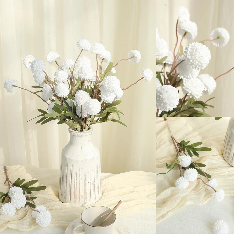 Künstliche Chrysanthemen 5er-Set, 45cm lange Stiele, Naturgetreue Seidenblumen in Beige, Ø 3,3cm Pompon-Blüten, für Vasen, Hochzeitsdeko & Floristikbedarf