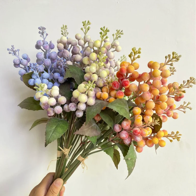 Künstliche Beerenzweige mit Blättern, 45cm, realistisch, grün, rot, orange, blau, weiß-lila, für Hochzeiten, Cafés, Innendekoration