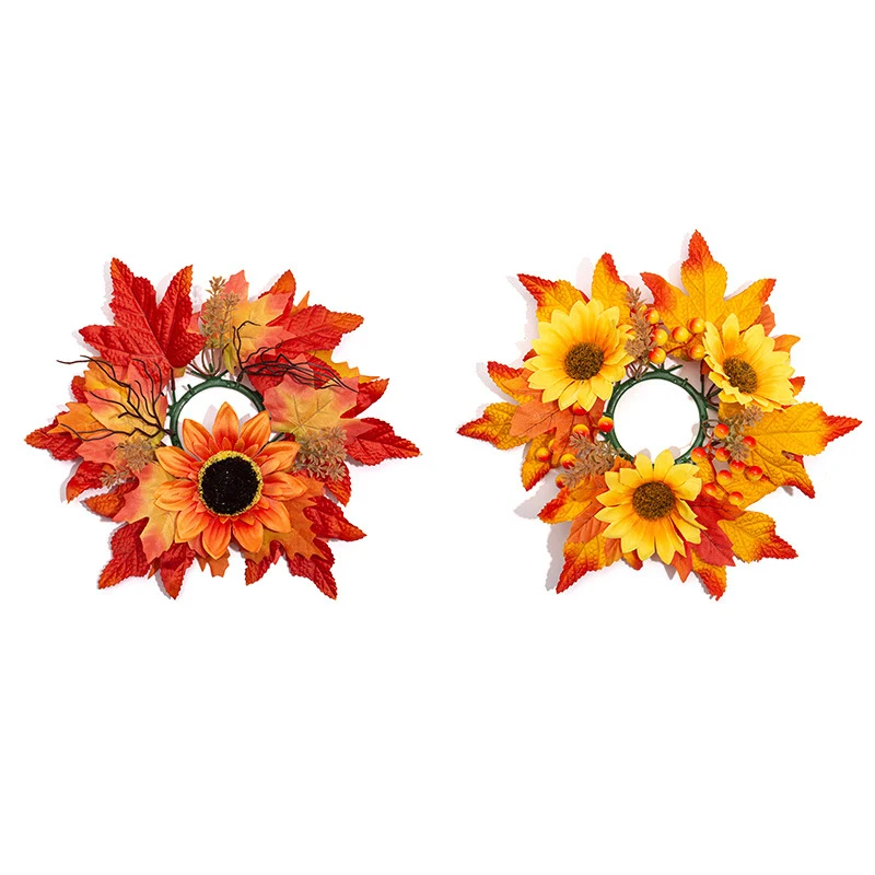Künstlicher Kerzenhalter Kranz mit roten Ahornblättern, 34 cm, ideal für Hochzeiten, Herbstdekoration, Cafés, Hotels