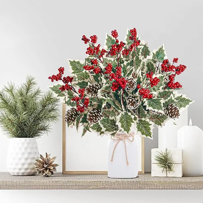 Künstliche Pflanzen mit roten Beeren und Tannenzapfen, 40 cm, täuschend echt, ideal für Hochzeiten, Dekoration, Geschenke, 2er Set
