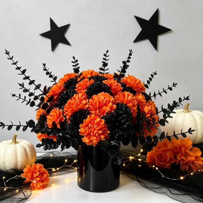 Kunstblumen 5er Set: Schwarzer Eukalyptus & Orange Hortensie, Naturgetreue Kunstpflanzen für Halloween, Hochzeit, Floristik & Deko, Langlebig