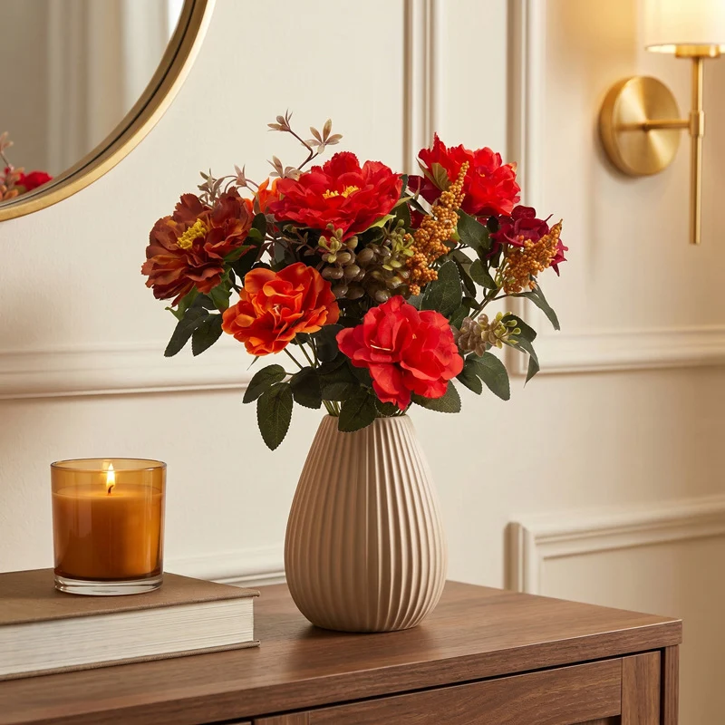 Künstlicher Blumenstrauß Herbstfarben, 38cm, Naturgetreuer Kunstblumenstrauß für Vase, Tischdeko, Hochzeit & Gastronomie, Seidenblumen