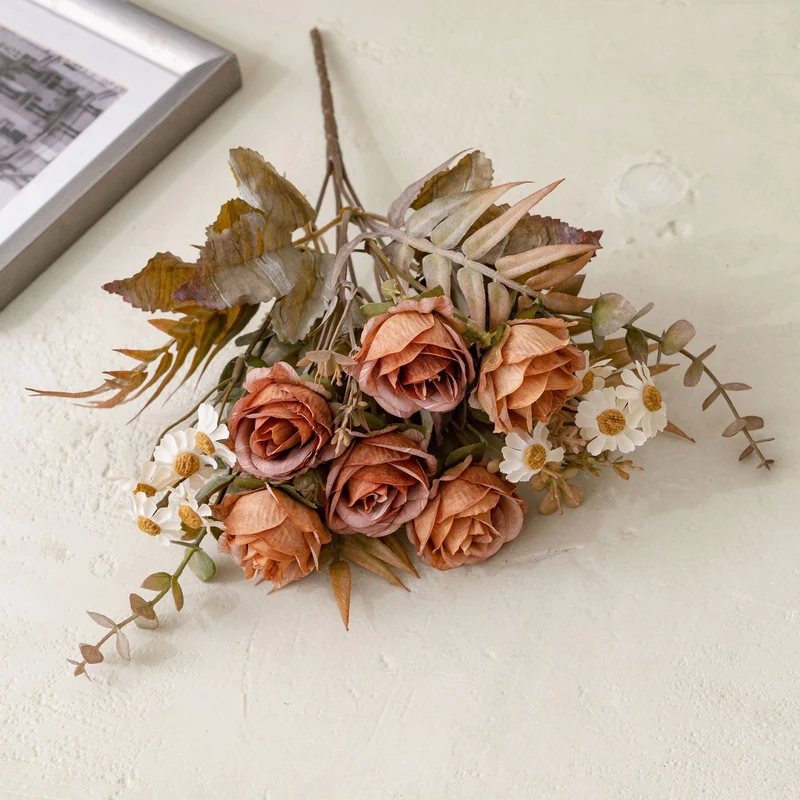 6 Kopf Kunstrosen Bouquet 33 cm, realistische Optik, ideal für Hochzeiten, Wohnraumdekoration, Cafés und Geschäfte