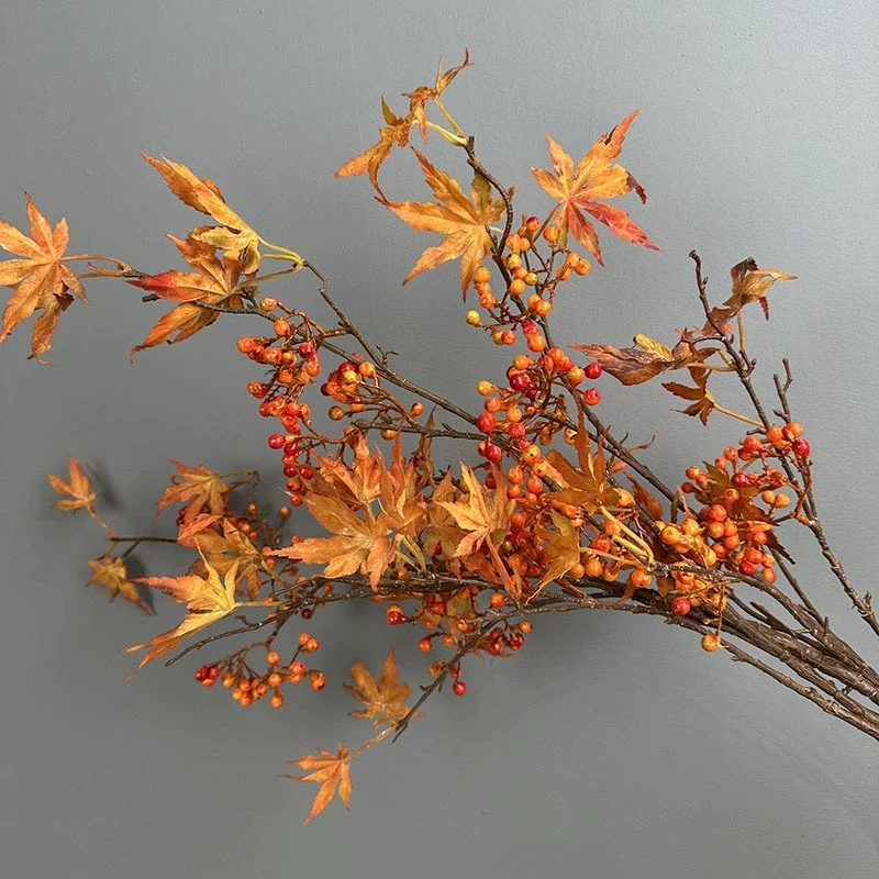 Künstlicher Ahornzweig 100 cm, Herbstzweig mit Beeren, Täuschend Echt, Ideal für Herbstdeko, Vase, Floristik & Hochzeit