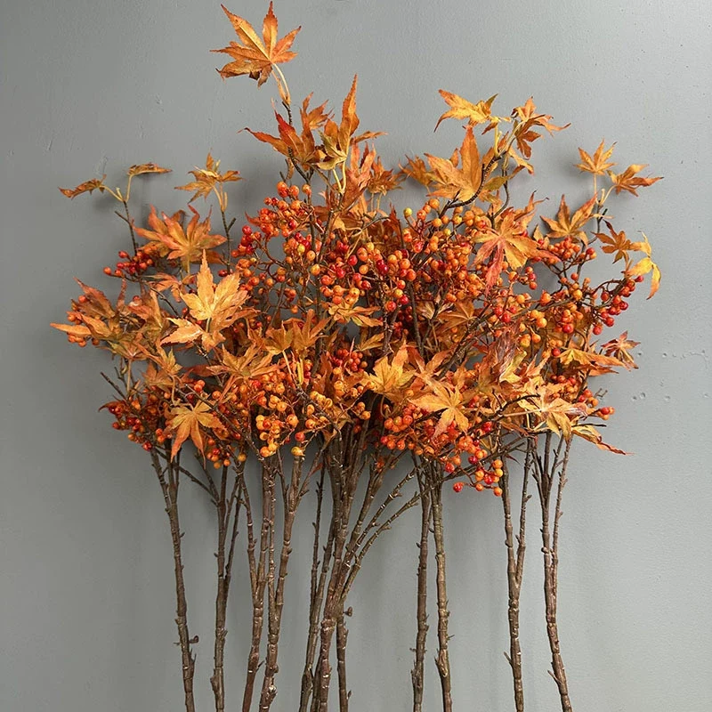 Künstlicher Ahornzweig 100 cm, Herbstzweig mit Beeren, Täuschend Echt, Ideal für Herbstdeko, Vase, Floristik & Hochzeit