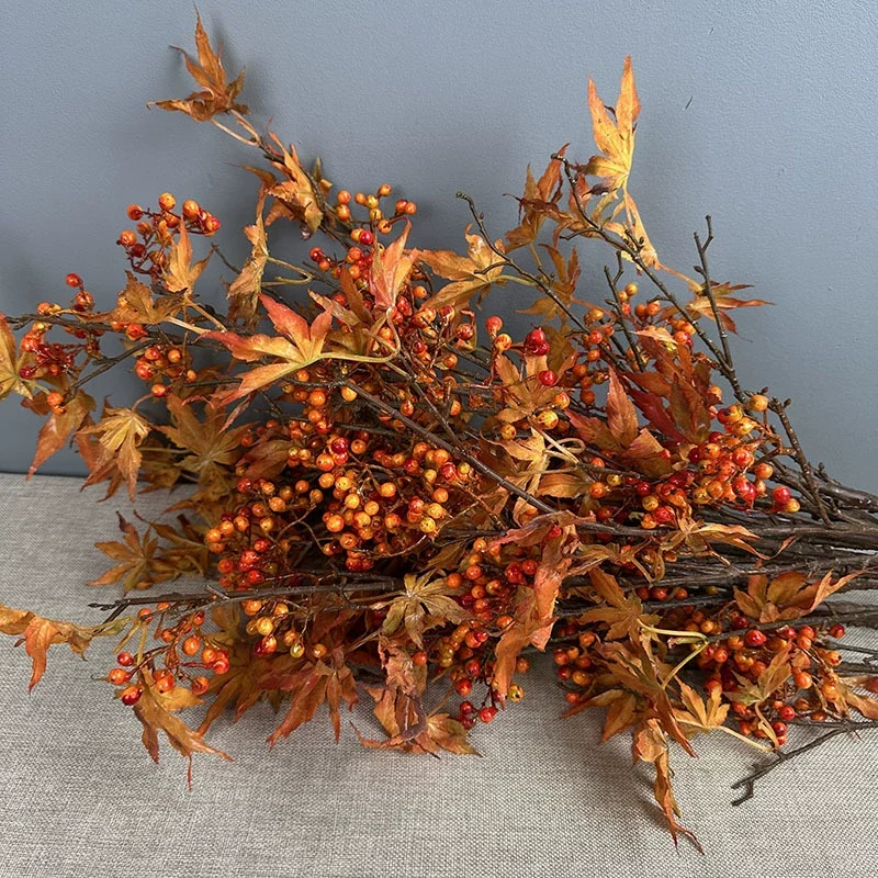 Künstlicher Ahornzweig 100 cm, Herbstzweig mit Beeren, Täuschend Echt, Ideal für Herbstdeko, Vase, Floristik & Hochzeit