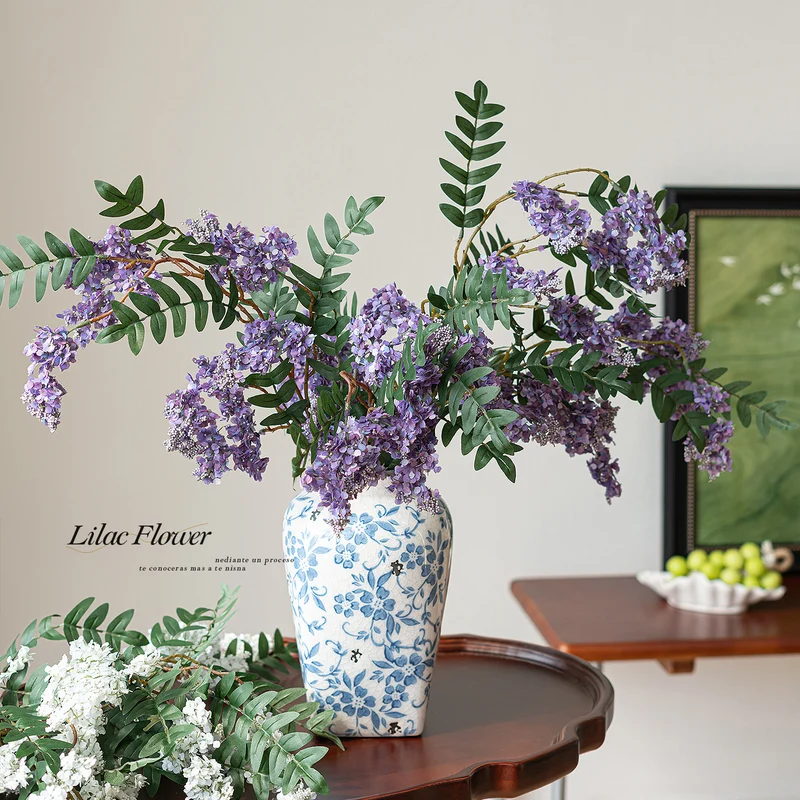 Künstlicher Fliederzweig 91 cm, Langstieliger Flieder Täuschend Echt, Hochwertige Kunstblume für hohe Vasen, Hochzeit, Event & Raumdeko