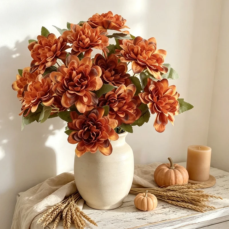 Dahlien Kunstblume 57cm, 3 Blütenköpfe (8,5cm), hochwertiger Seidenblumen-Stiel, täuschend echt für Vase, Hochzeit, Gestecke, Deko
