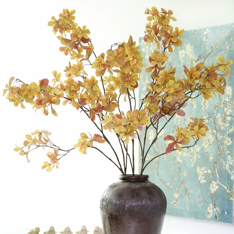 Künstlicher Lavendelheide Zweig 110 cm, Täuschend Echte Pieris Japonica Kunstblume in Rot/Gelb, für Vase, Hochzeit, Wohnkultur, Grabschmuck