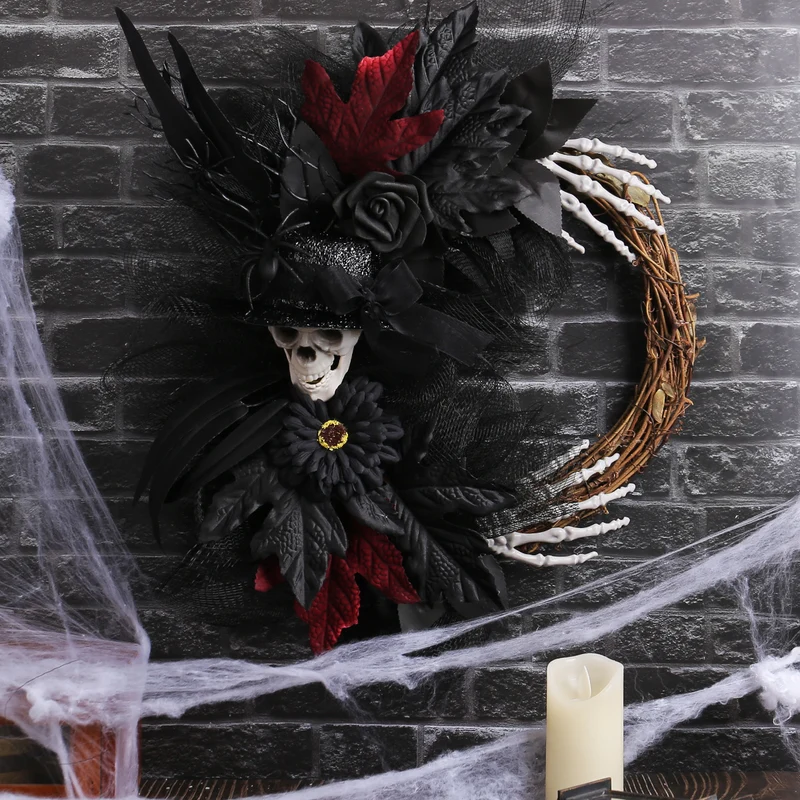 Halloween Dekorationskranz mit Netzstoff, 45 cm rot, 40 cm lila, realistische Skelette für Partys, Hochzeiten, saisonale Deko