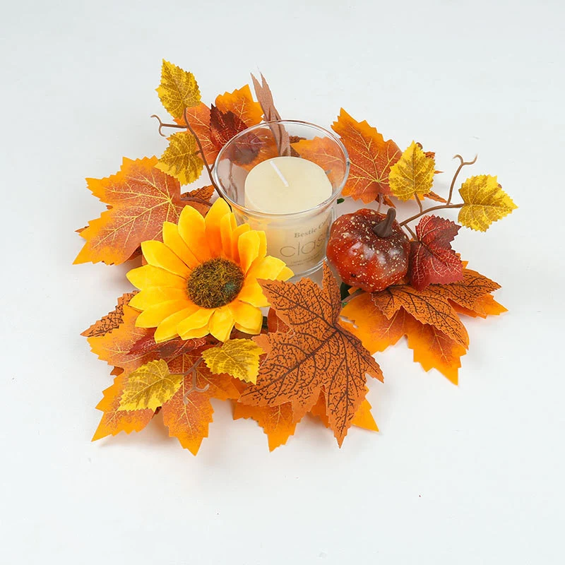 Kerzenkranz Herbst Ø 35 cm, Naturgetreuer Tischkranz mit Ahornblättern & Kürbissen, Herbstdeko für Tisch & Kerzenhalter, Erntedank & Halloween