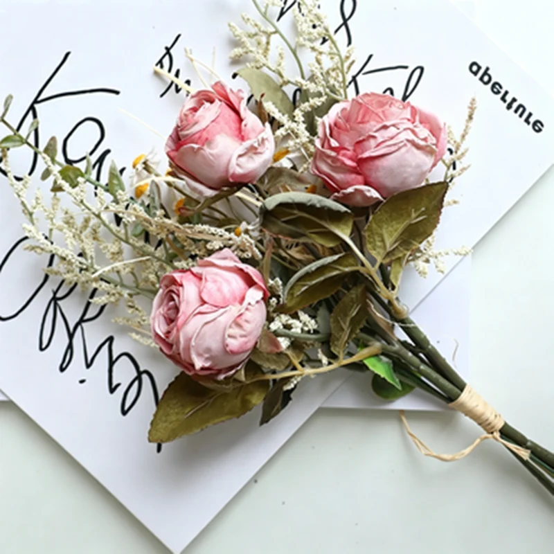 Kunstblumen Strauß Herbst, 36 cm, Rose mit gebrannter Optik & Chrysantheme, Realistische Seidenblumen für Vase, Tischdeko, Hochzeit, Vintage Deko