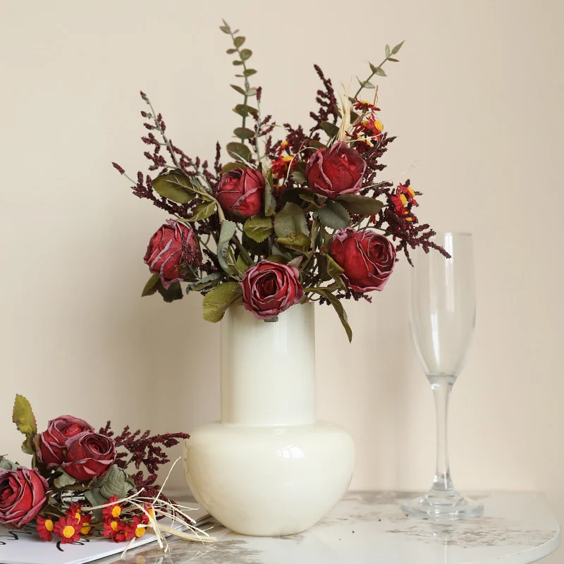 Kunstblumen Strauß Herbst, 36 cm, Rose mit gebrannter Optik & Chrysantheme, Realistische Seidenblumen für Vase, Tischdeko, Hochzeit, Vintage Deko