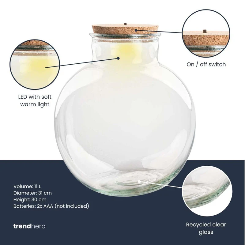 Terrariumflasche mit Korken „Bolder Bob“ – Ø 30 cm – Höhe 31 cm (ohne LED-Korken)
