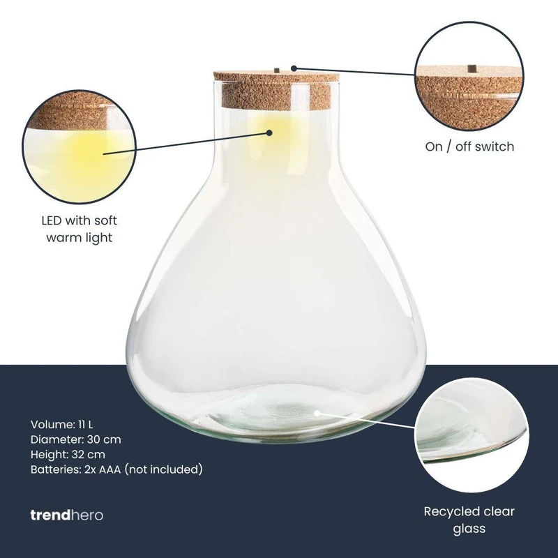Terrariumflasche mit Beleuchtung Sam XL – Ø 30 cm, Höhe 32 cm