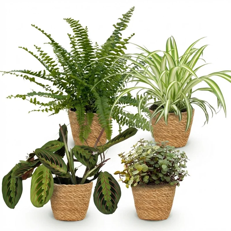 Mix aus 4 Zimmerpflanzen - Chlorophytum - Maranta - Calissia - Nephrolepsis - mit Potter Weiß, Grau oder Korb - Höhe 25cm