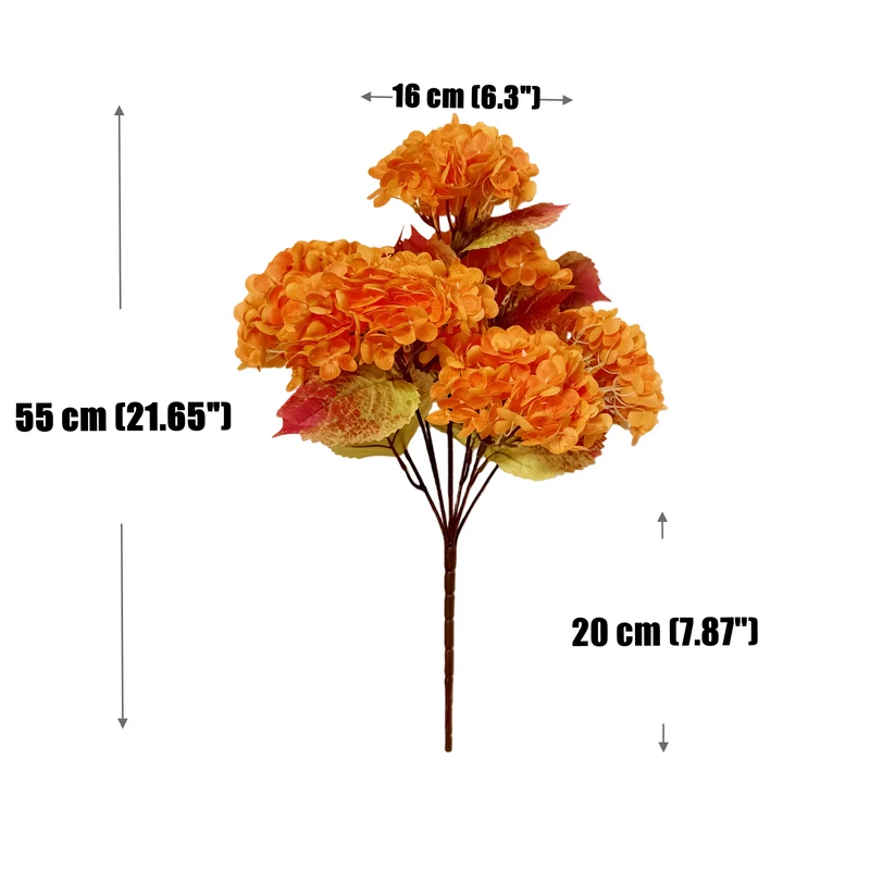Künstlicher Hortensienstrauß 55 cm in Herbst-Orange, 7 Real Touch Blütenköpfe, naturgetreue Kunstblumen für Deko, Hochzeit, Gastronomie