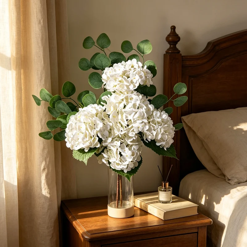 65cm Kunst-Hortensie & Eukalyptus Arrangement, realistische Seide, weiß, für Hochzeiten, Hausdekoration, Geschenke