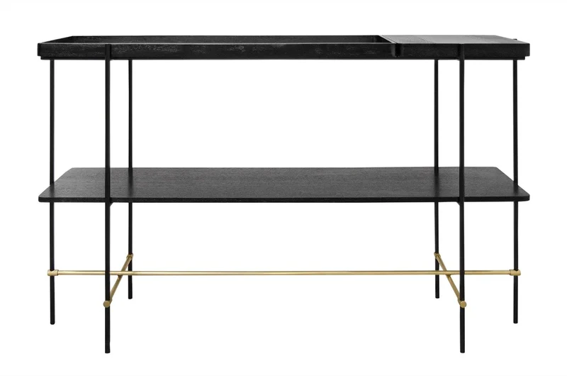 Casa Padrino Luxus Konsole Gold / Schwarz 140 x 40 x H. 90 cm - Konsolentisch mit gebürstetem Edelstahlgestell und schwarzen Eichenfurnier Flächen - Luxus Möbel