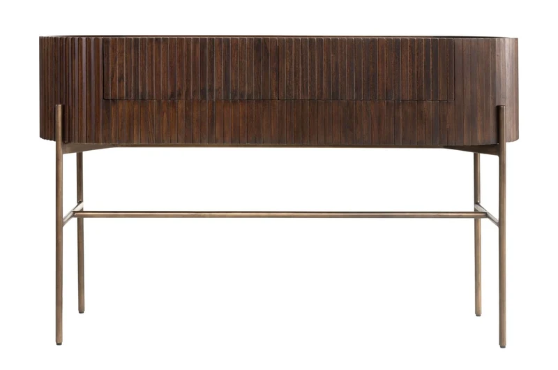 Casa Padrino Luxus Konsole Pogoro Braun 130 x 45 x H. 80 cm - Massivholz Konsole mit Metallgestell in dunkler Messing-Optik - Luxus Möbel