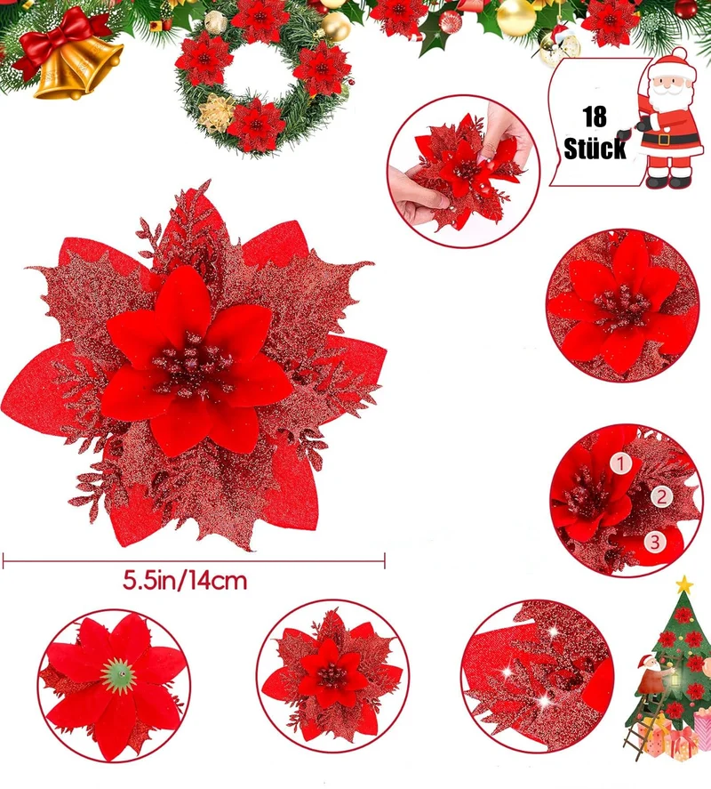 18 Stück Künstliche Poinsettien mit Klammern – Weihnachtsdekoration