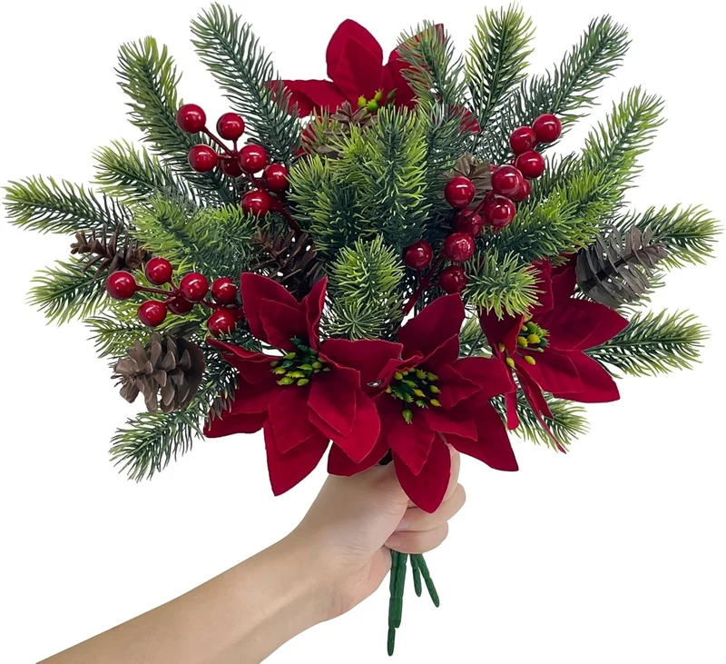 4 Stück Künstliche Poinsettien & Tannenzweige mit Roten Beeren Zapfen – Weihnachtsdekoration