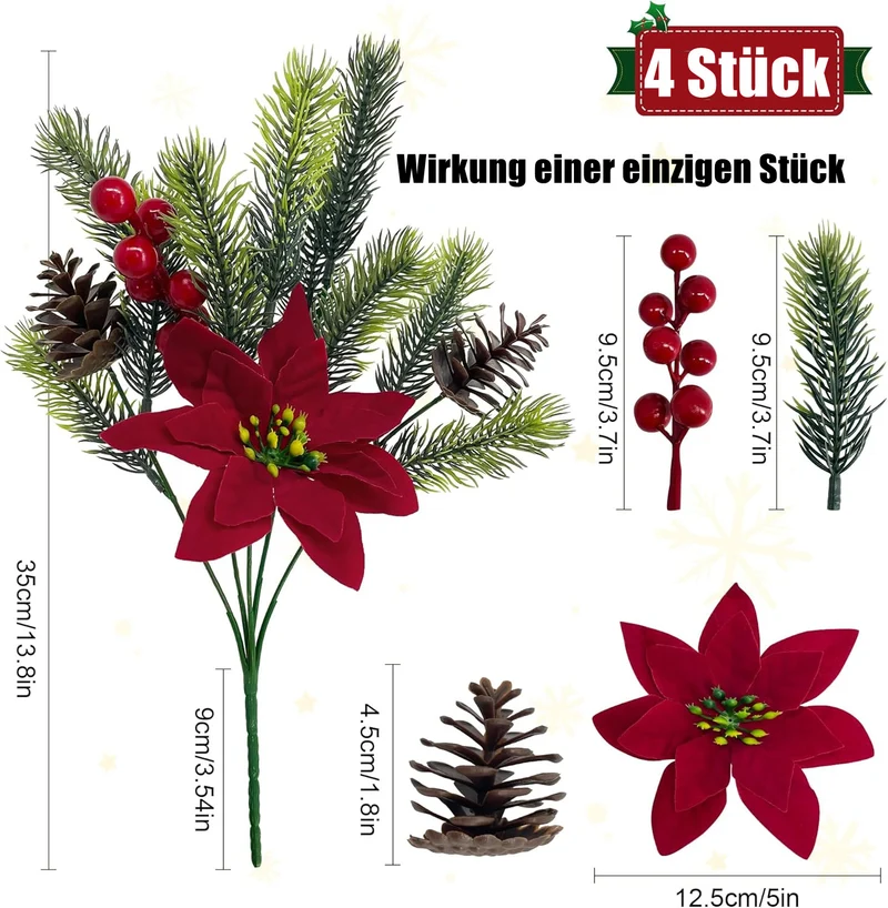 4 Stück Künstliche Poinsettien & Tannenzweige mit Roten Beeren Zapfen – Weihnachtsdekoration