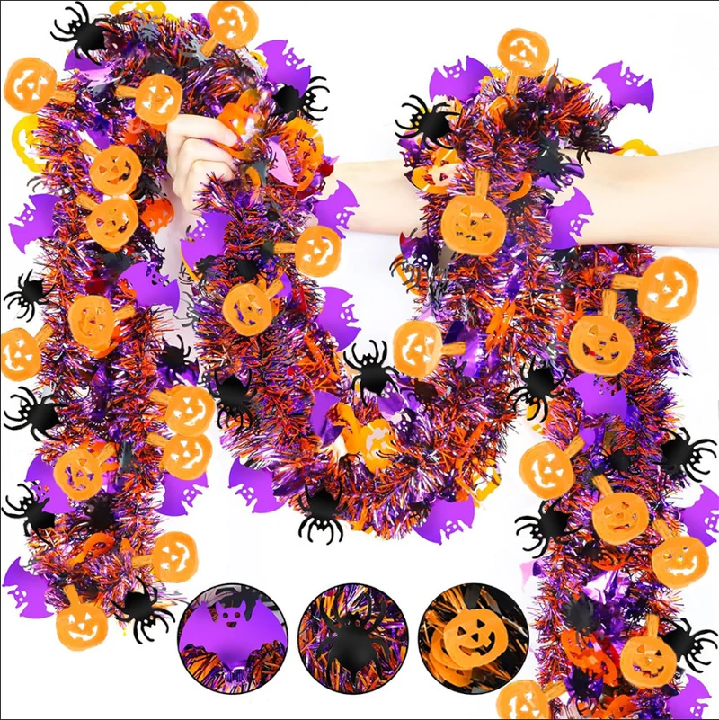 2 m lange Halloween-Glitzer-Girlande mit Lametta – Perfekt für Halloween-Party-Dekoration