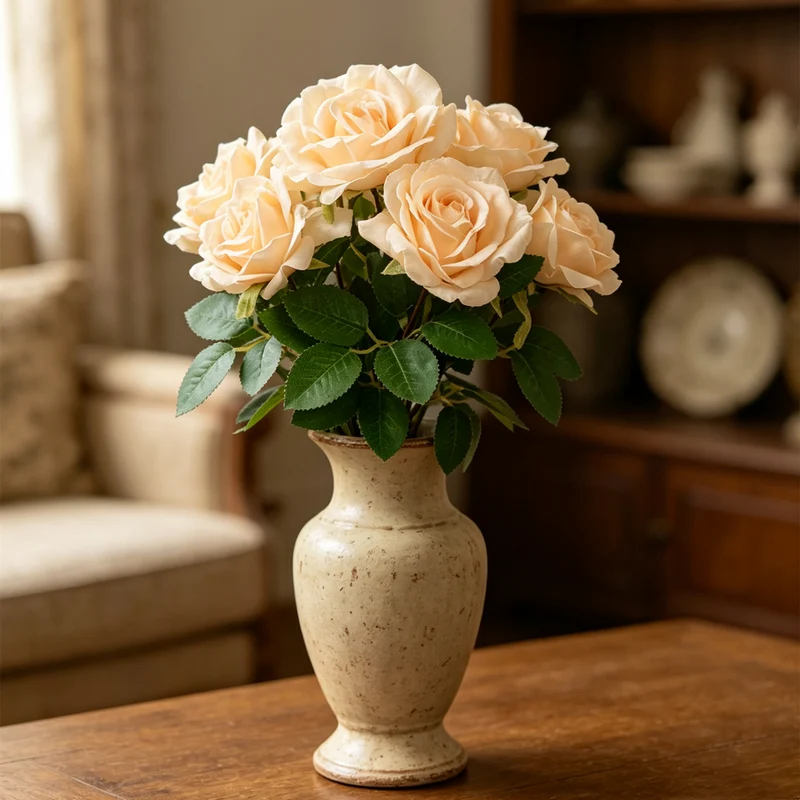 Künstlicher Rosenstrauß 35cm, Cremefarbene Seidenrosen, Hochwertige Kunstblumen für Vase, Hochzeitsdeko & Wohnkultur im Landhausstil